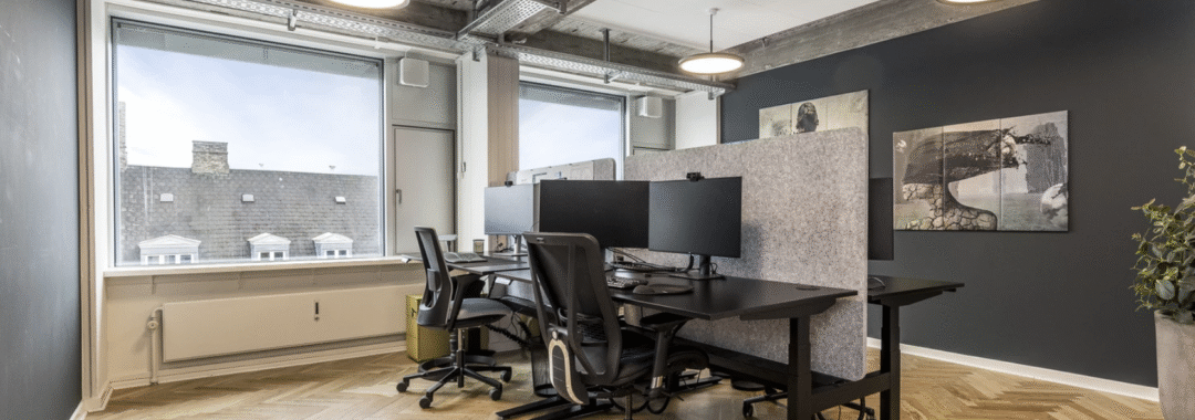 Stylish office with adjustable desks, ergonomic chairs, wood flooring, and natural light from large windows.