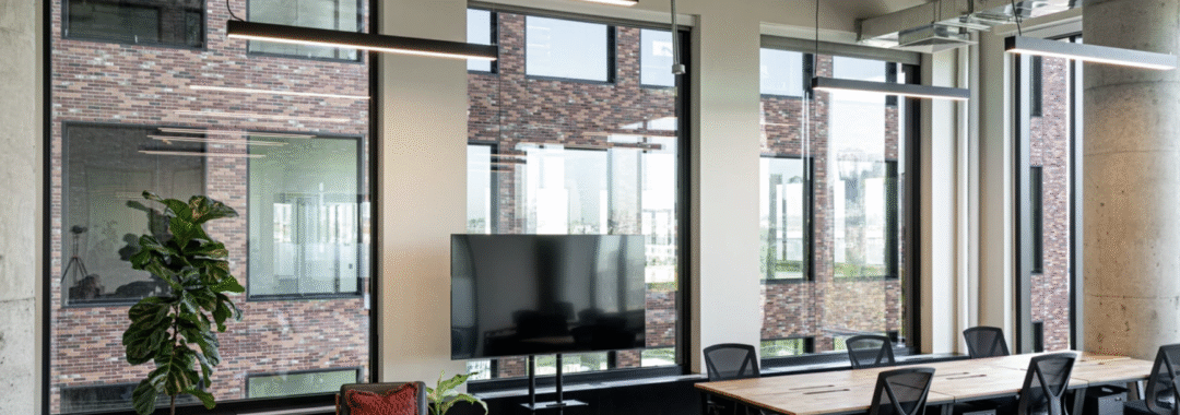 Open-concept office with modern desks, large windows, indoor plants, and a mounted flat-screen display.